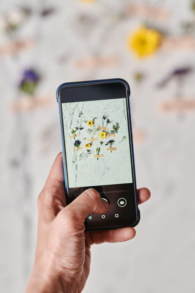 pexels photo 8691566 8691566 A hand holding a smartphone taking a photo of flowers on a marble surface.